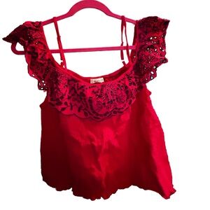 Paper Tee Red Off the Shoulder Crop Top w/Blue Details NWT